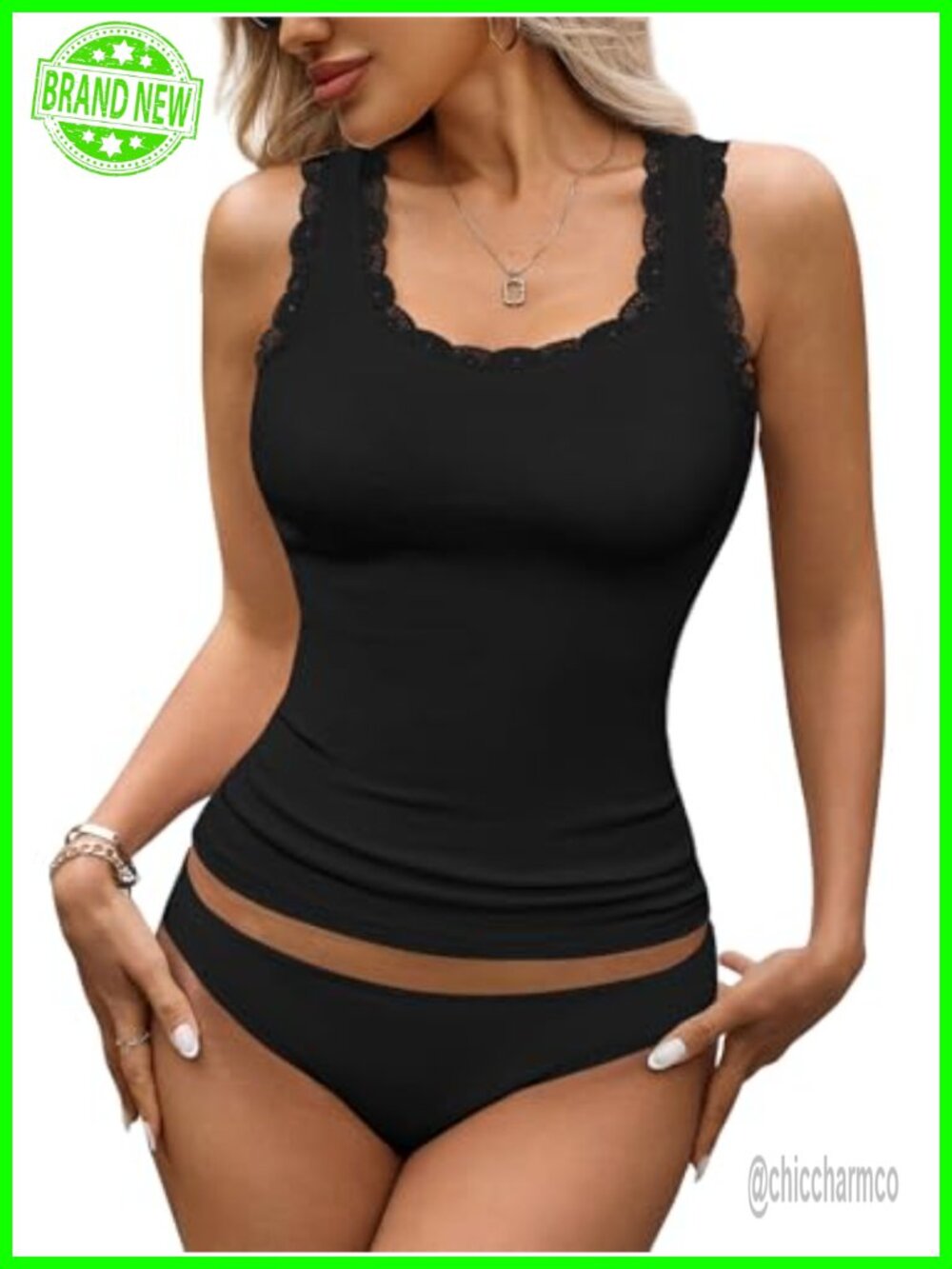 Lace Trim Camisole Tank Top Sleeveless Ribbed Stretch Layering Top